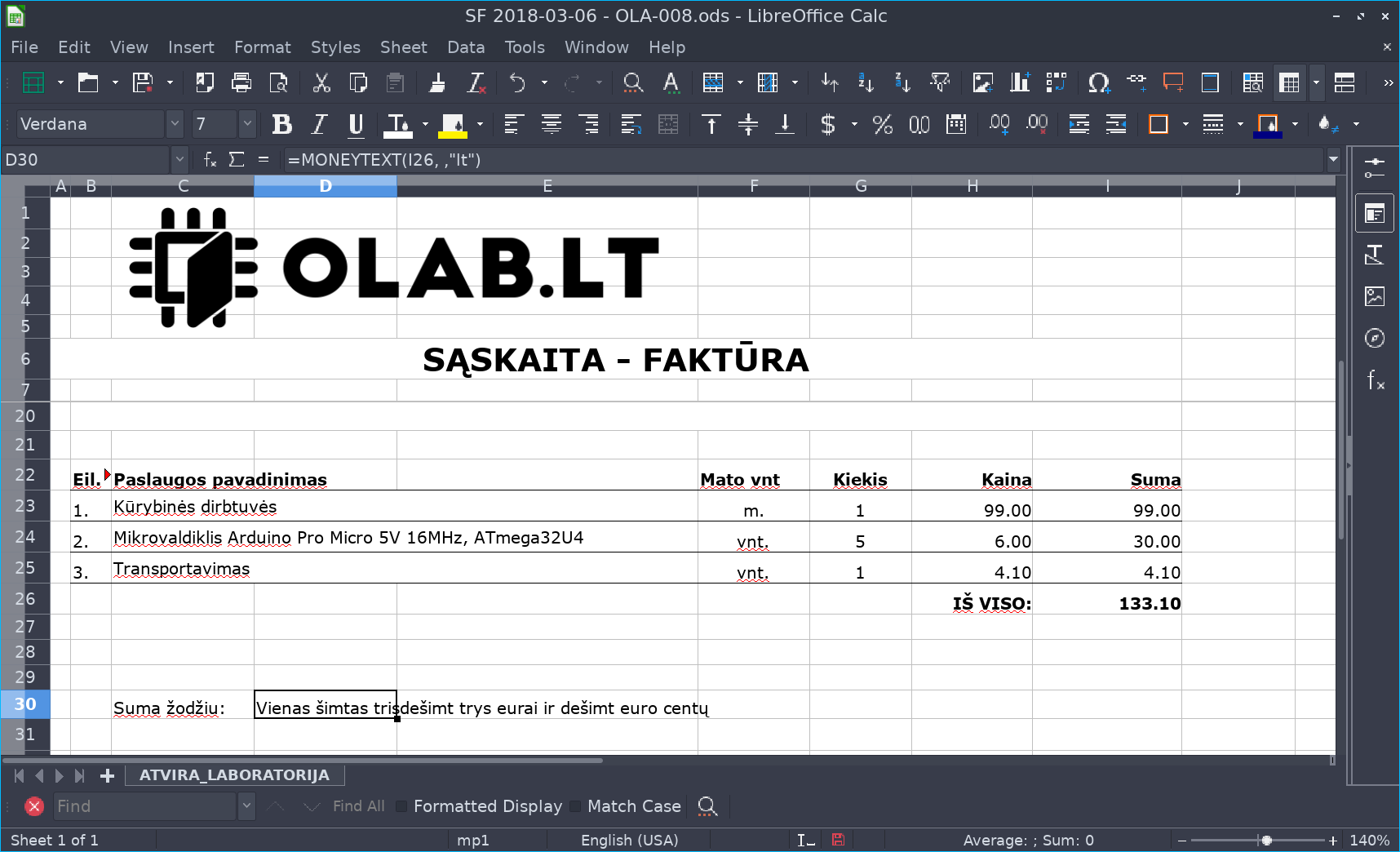Suma žodžiais LibreOffice Calc